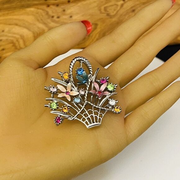 Vintage Rhinestone Enamel Flower Basket Brooch Floral Silver Spring Summer 1491 - Picture 5 of 10